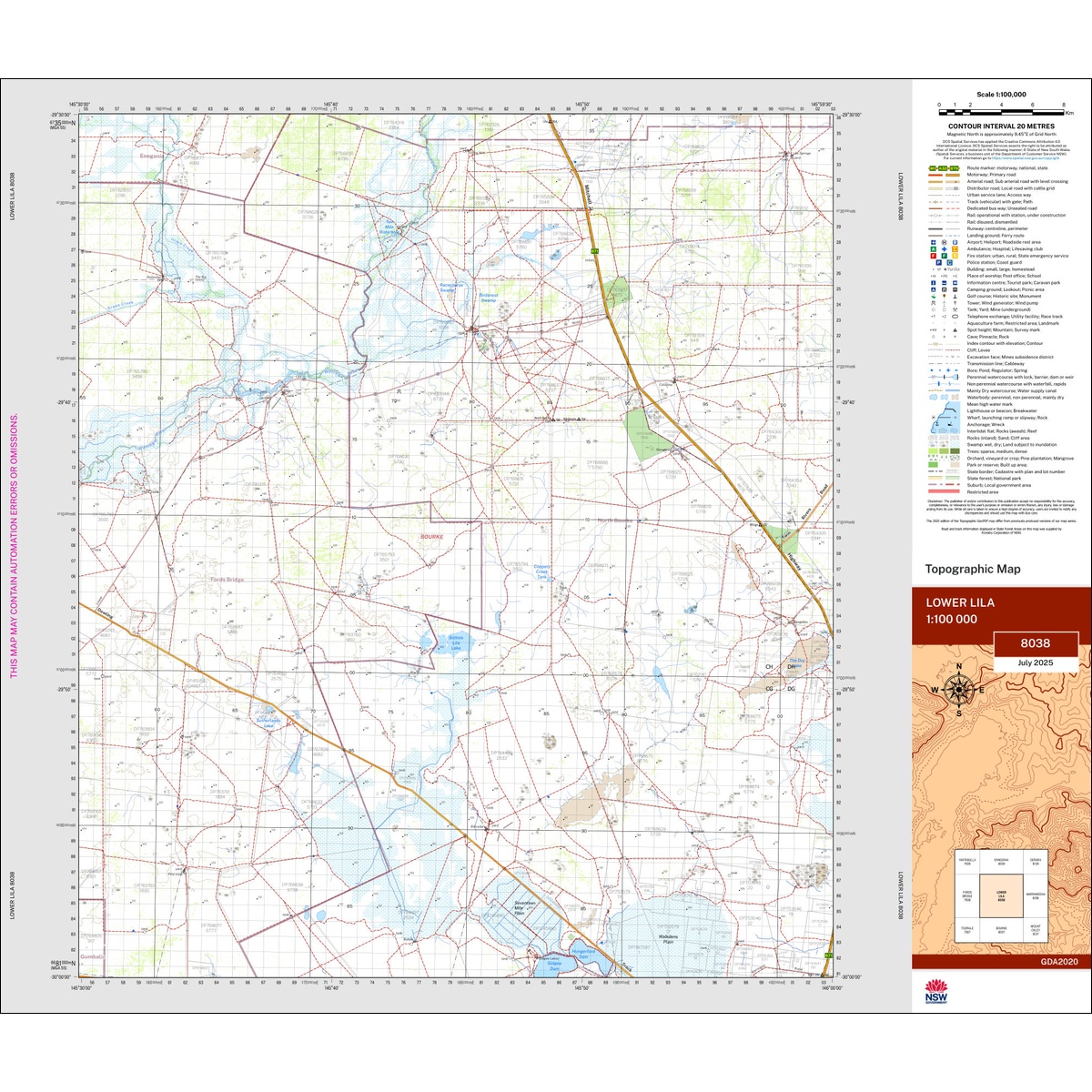Lower Lila 1:100k NSW Topo Map 8038